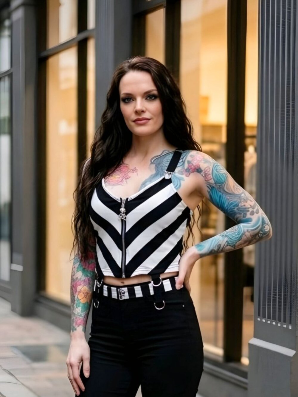 Killstar ✦ Stripe O Negative Crop Top ✦ Black White Diagonal Stripe Gothic Skull